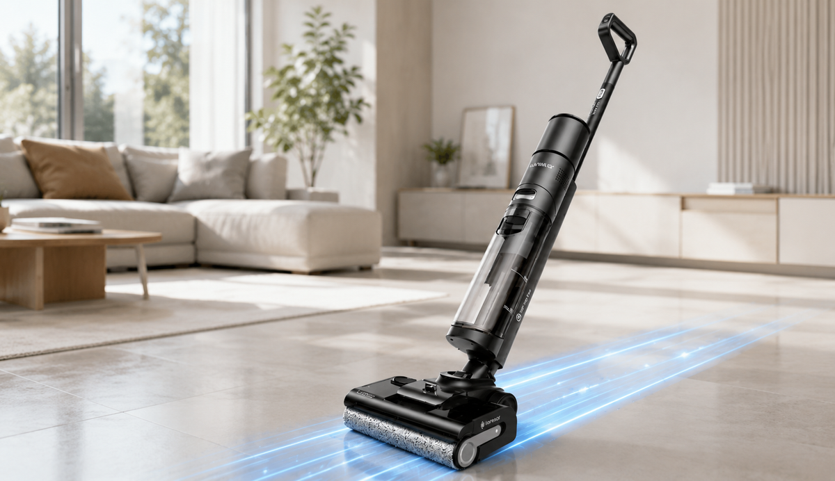 Aspirateur laveur sans fil pendant le nettoyage d’un sol dur
