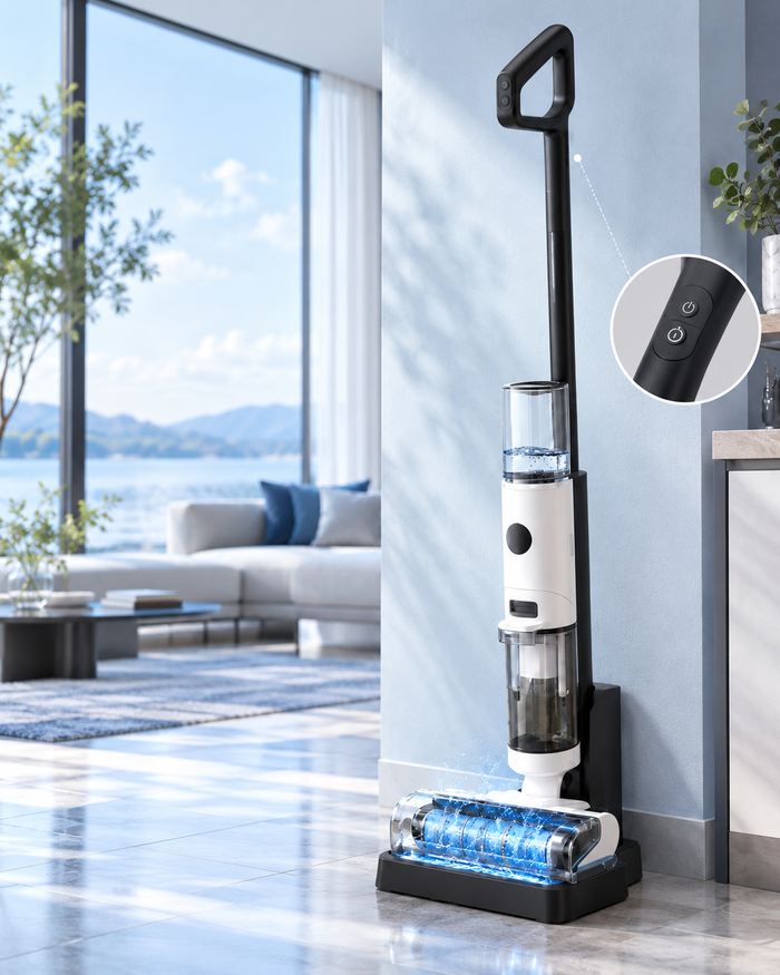 Système de maintien et cordon de sécurité du robot lave-vitre