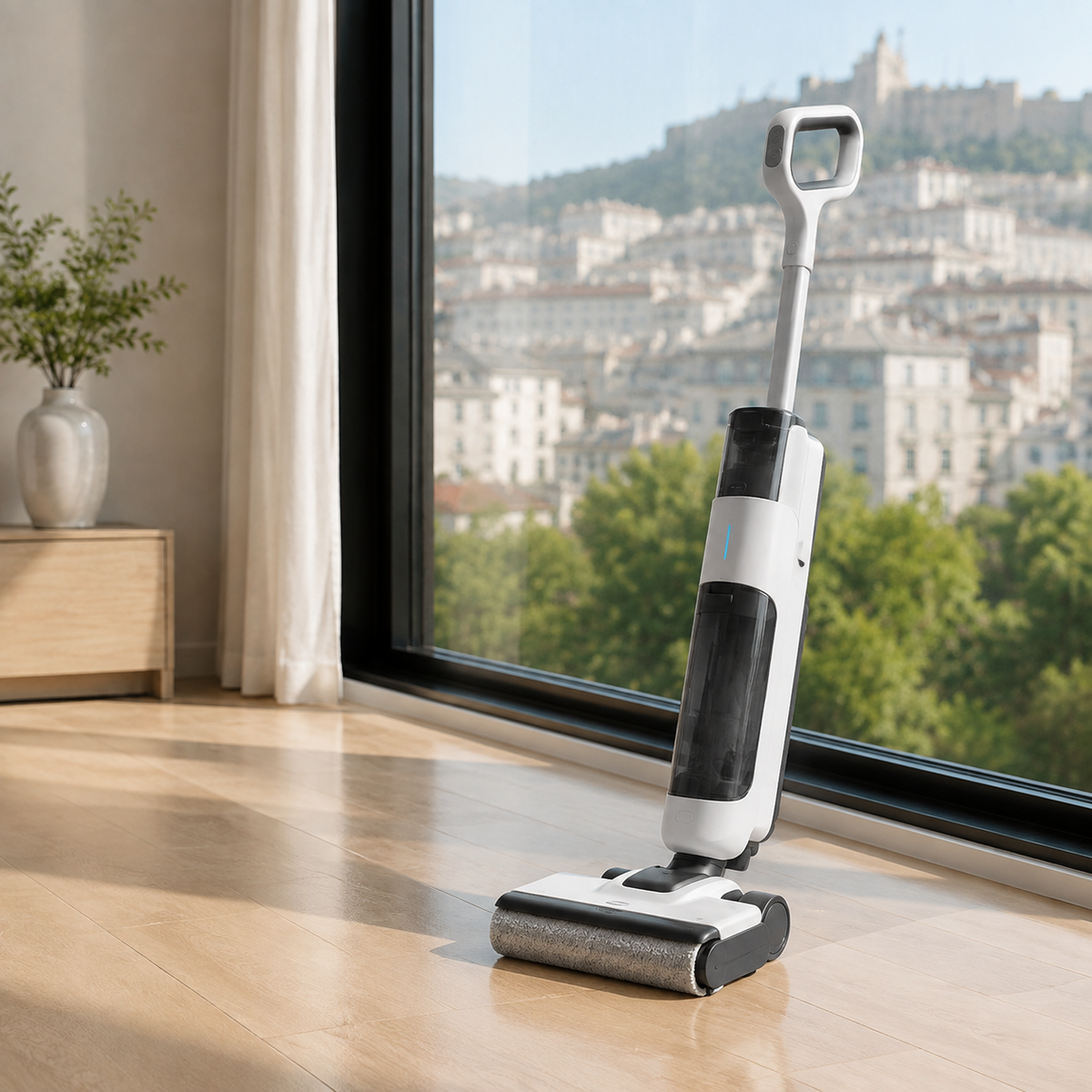 Aspirateur laveur sans fil utilisé sur un sol dur