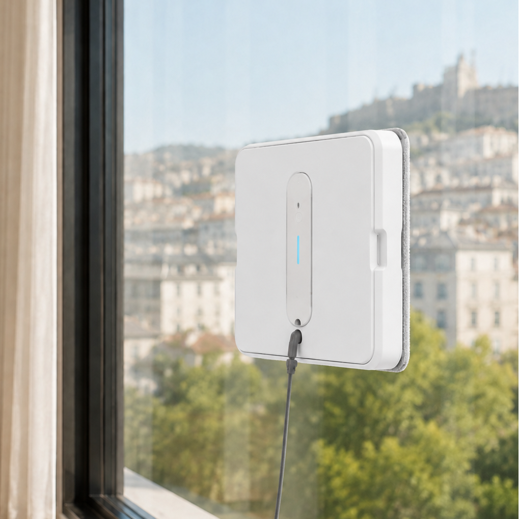 Robot lave-vitres carré sur une grande surface vitrée